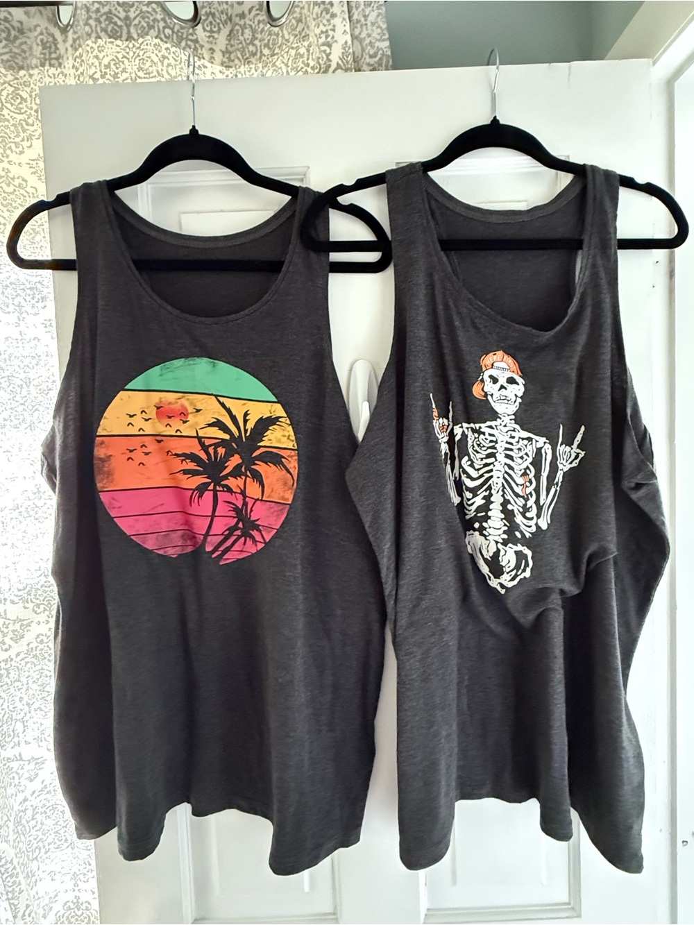 Charcoal Graphic Tank Tops with Tropical Sunset & Skeleton Prints